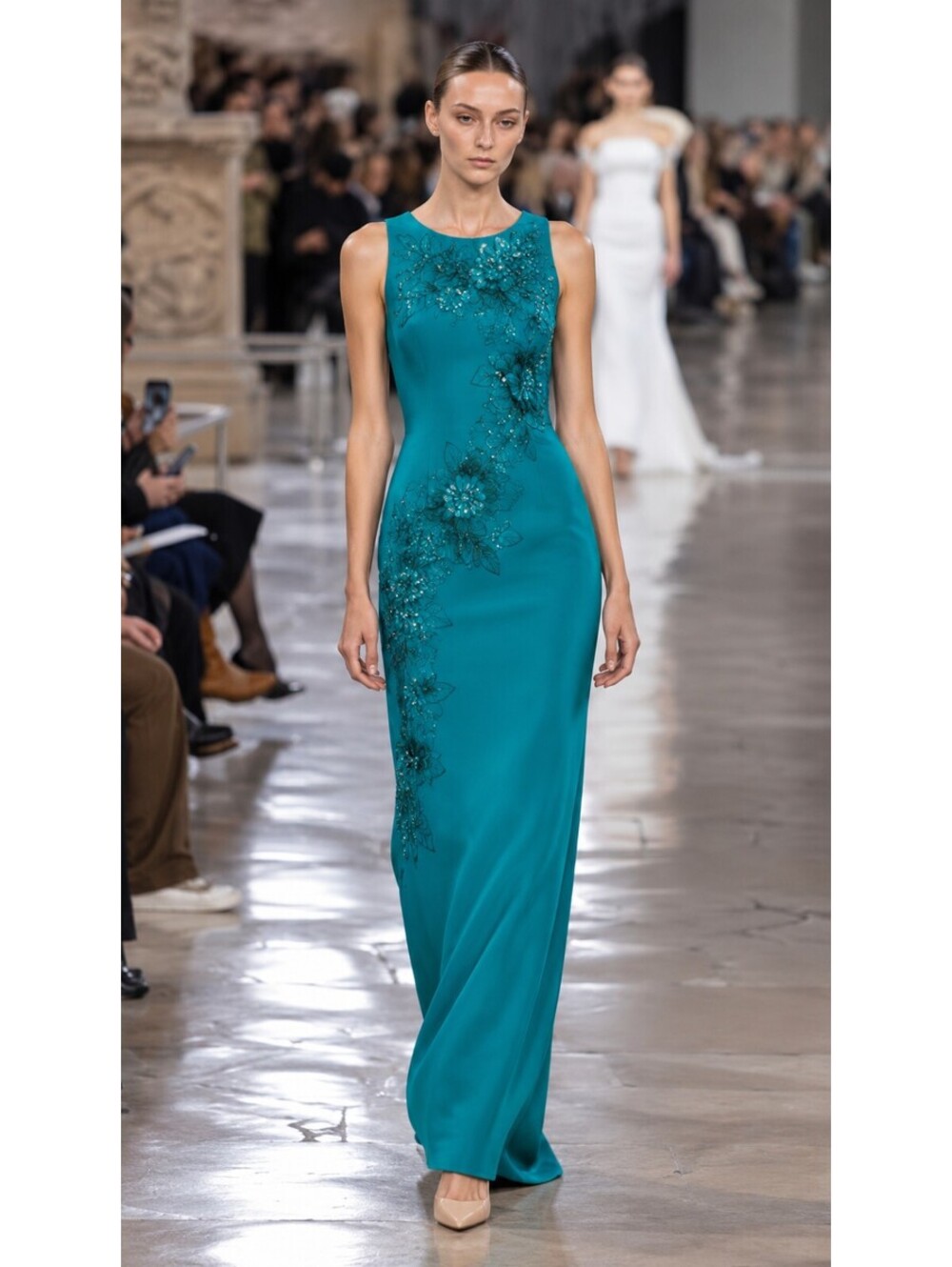 Badgley Mischka Sz 4 Teal Embroidered Beaded Floral Sleeveless Maxi Gown Formal